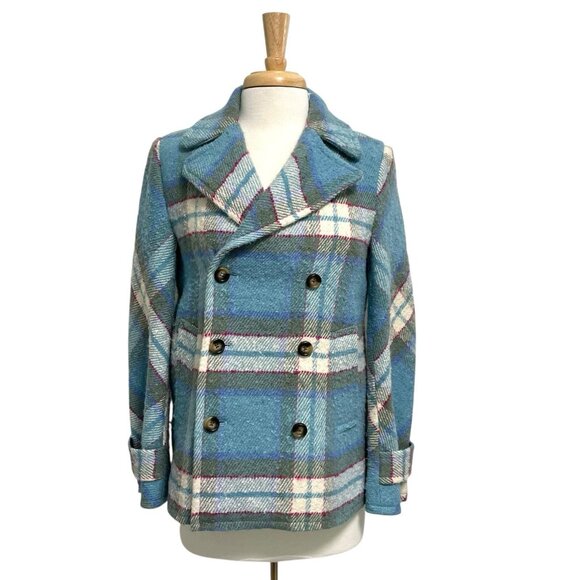 Sundance Wool Blend Plaid Double Breast Coat Twee Boho Blue size XS Petite - Picture 1 of 9